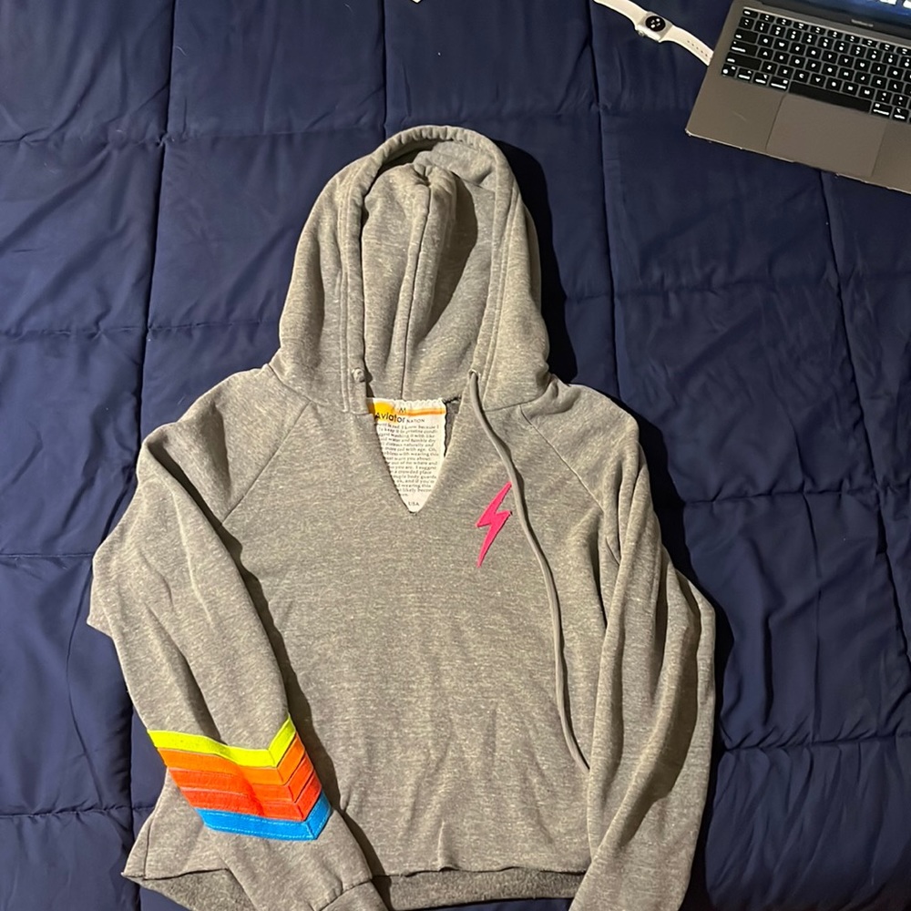 Grey aviator nation pink bolt cropped hoodie size M